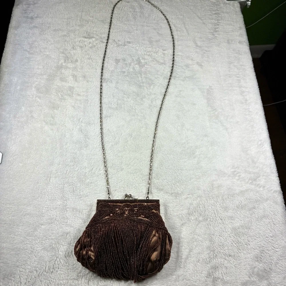 Bijoux Terner Brown Beaded Fringe Satin Evening Bag Clutch Silver Chain Strap